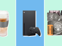 A beer glass, an Xbox, and a beard-grooming kit in front of green and blue backgrounds.