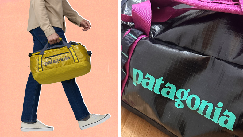 A model carries the Patagonia Black Hole Bag in yellow, and a close-up of the author's black version of the bag.