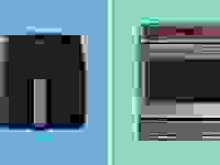 On left, Philips Premium Air Fryer on blue background. On right, GE convection oven on teal background.