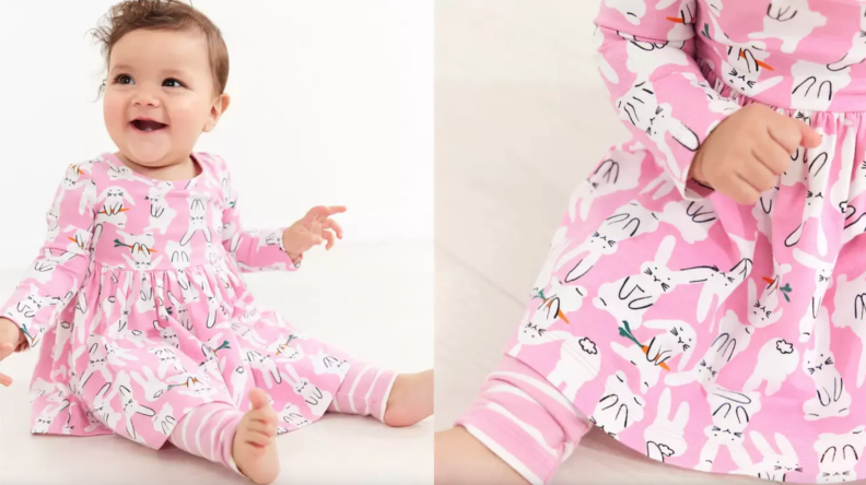 Child wearing pink bunny printed dress and legging set.