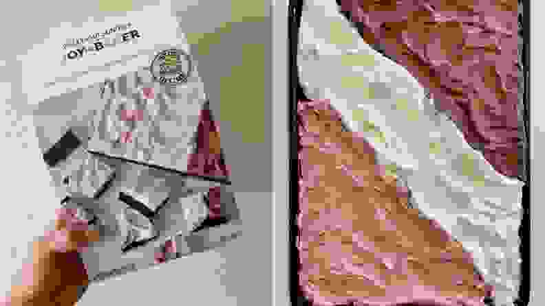 Left: A person holds a box of chocolate cake mix with Neapolitan frosting. Right: A top-down photo of a cake with Neapolitan frosting.