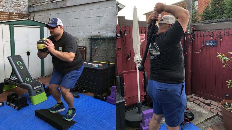 Right: Man doing squats with medicine ball. Left: Man exercising with macebell.