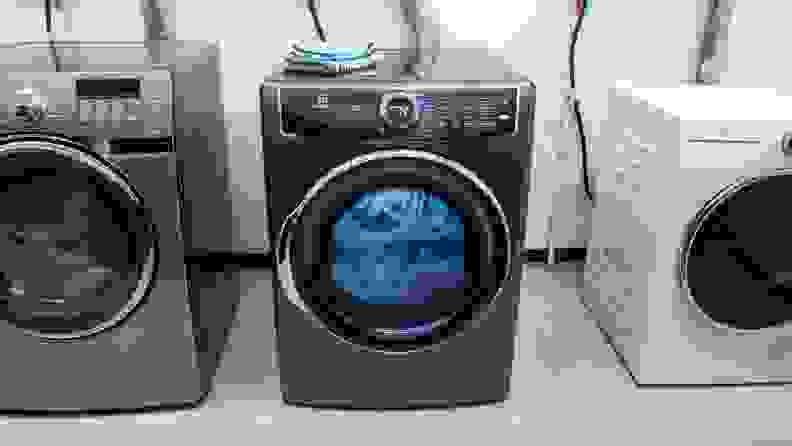 The Electrolux ELFE7637AT dryer set up in our laundry testing lab.