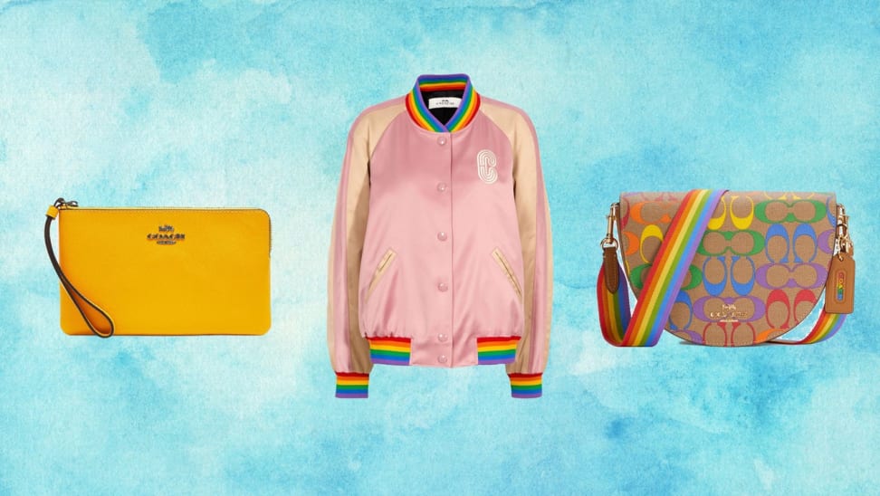 yellow wristlet, pink jacket, rainbow purse from Coach Outlet