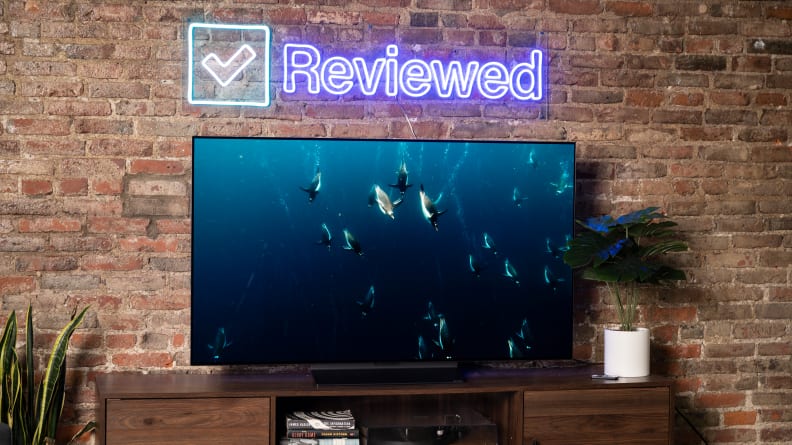 An LG C2 OLED screen sits on a wooden table in front of a brick wall, with penguins swimming in it, with an outline neon sign hanging behind it.