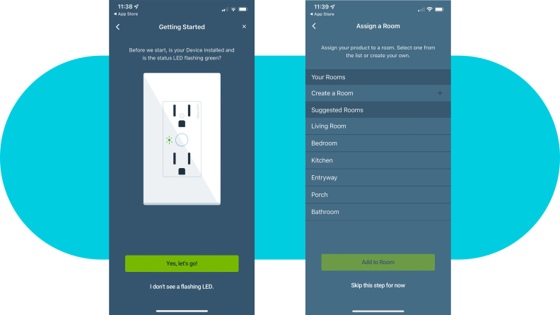 Two screenshots from the Leviton app showing off the setup screens.