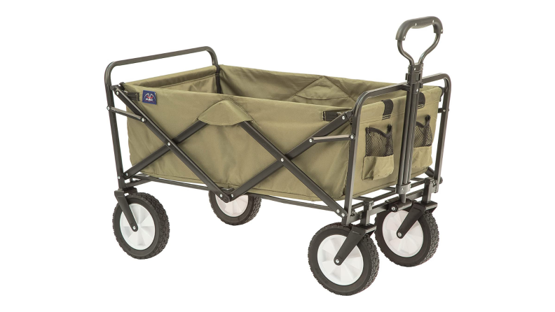 An olive green garden cart with four wheels and a handle.