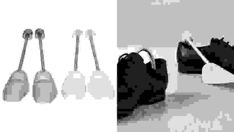 grey and white pairs of plastic shoe trees, plastic shoe trees inside of black shoes