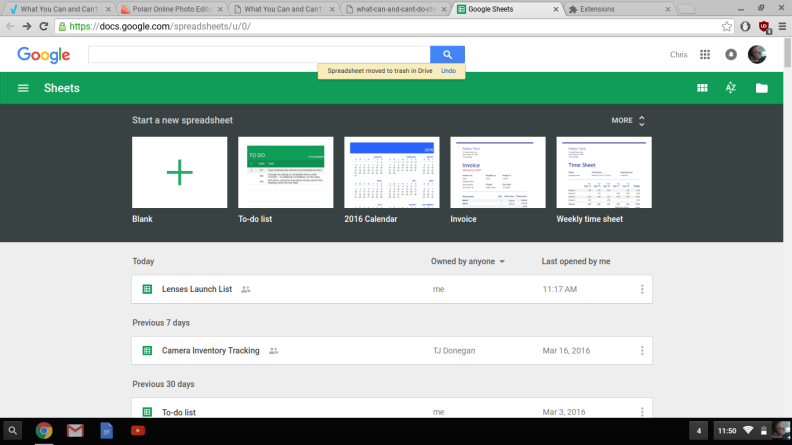 A screenshot of Google's Sheets software taken by a Chromebook.