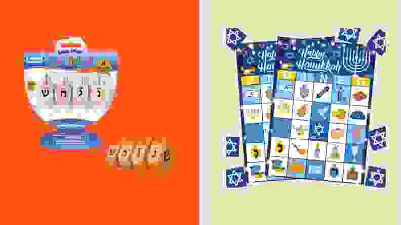 On the left: A package of wooden dreidels on an orange background. On the right: Hanukkah bingo cards.