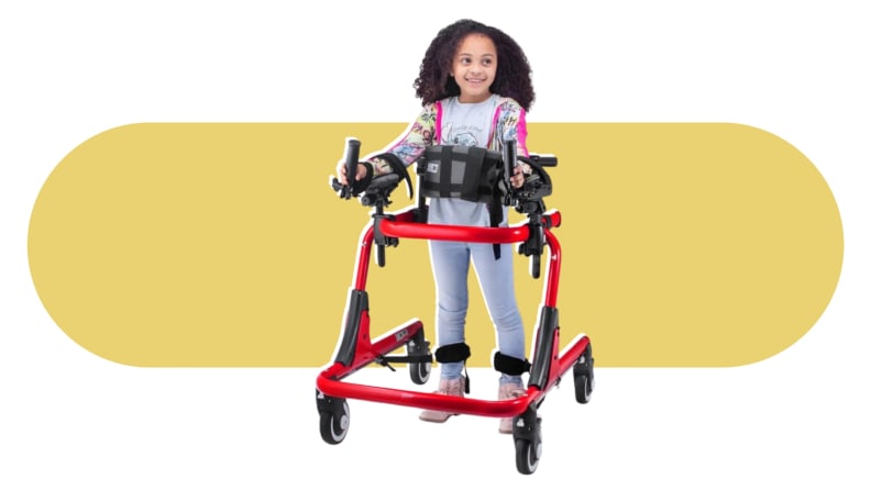 A little girl using a Pivot Gait Trainer on a yellow background.