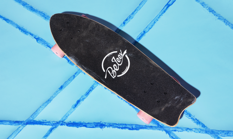 A black Beleev skateboard