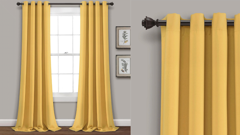 Two views of a set of yellow blackout curtains.