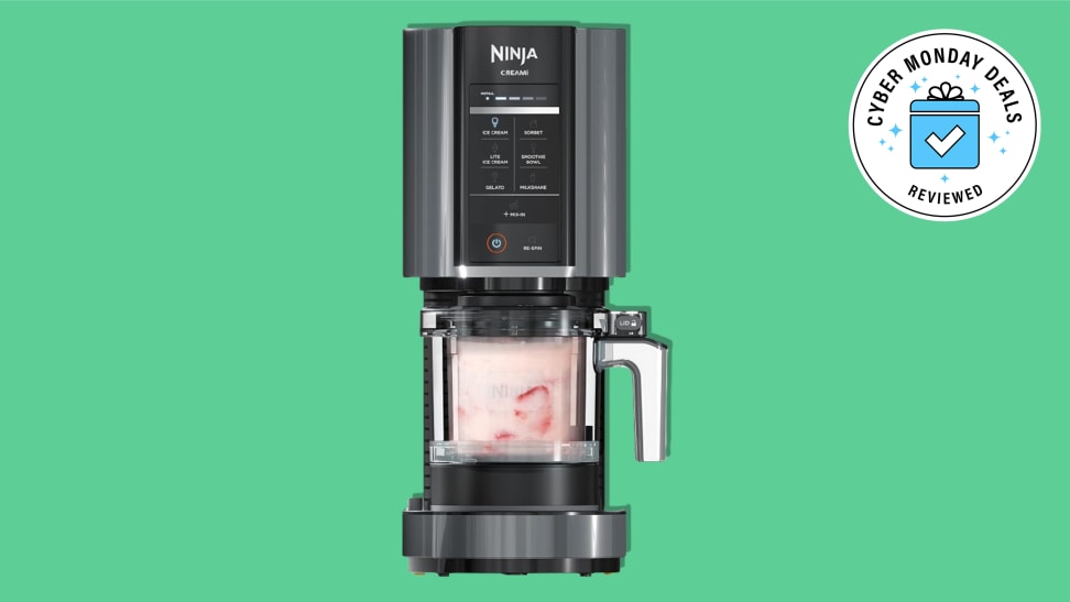 Ninja Creami ice cream machine is on sale for Cyber Monday on a green background.