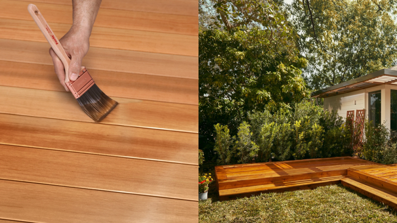 Left: Someone brushing Cabot Australian Timber Oil on wood planks; Right: a wide shot of a complete deck in a grassy backyard.