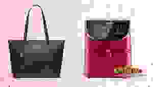 一个黑色的旅行袋，一个红色的空气炸锅，粉红色的背景闪闪发光
