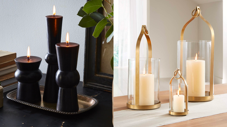 Two images of candles fit for a fireplace.