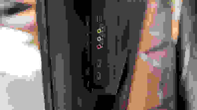 Close-up of the back of the TV, revealing connection inputs.