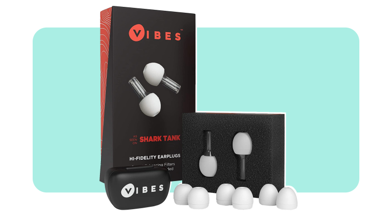 Box packaging next to Vibes Ear plugs and white ear tips.