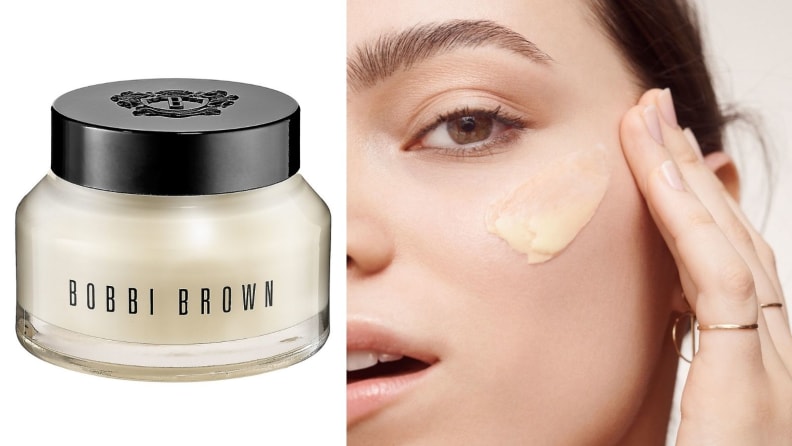 On the left: The tub of Bobbi Brown Vitamin Enriched Face Base Priming Moisturizer sits on a white background. On the right: A person applies the cream-colored Bobbi Brown Vitamin Enriched Face Base Priming Moisturizer to their cheekbone.