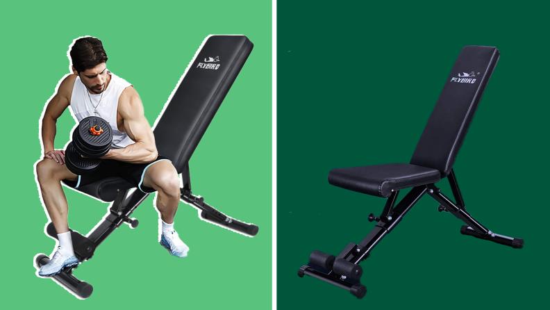 On left, person sitting on workout bench while lifting barbell. On right, On left, black adjustable fitness bench from Flybird.