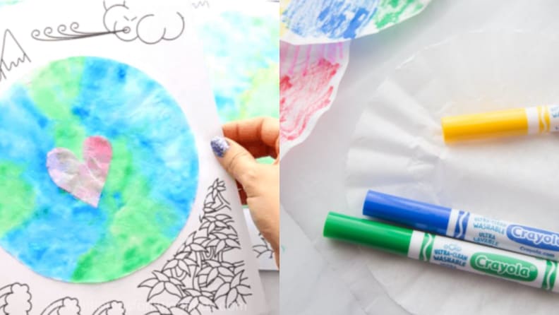 Coffee filters are colored with markers to make new art pieces