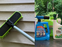 On the left, a brush scrubbing vinyl siding. On the right, a collection of vinyl siding cleaners.