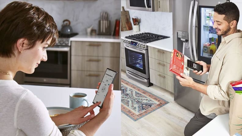 People using phone to scan food labels and look up food on smart phones.