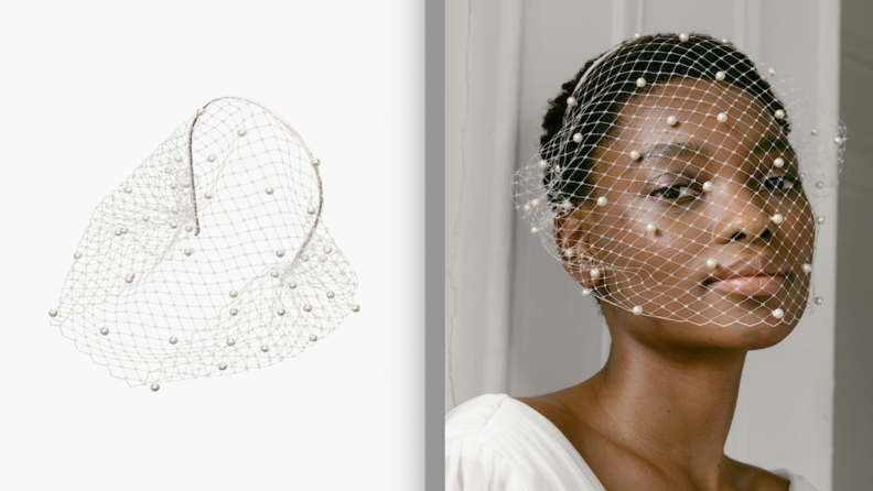 On left, cream colored peal mesh veil. On right, person wearing white and pearl mesh veil.