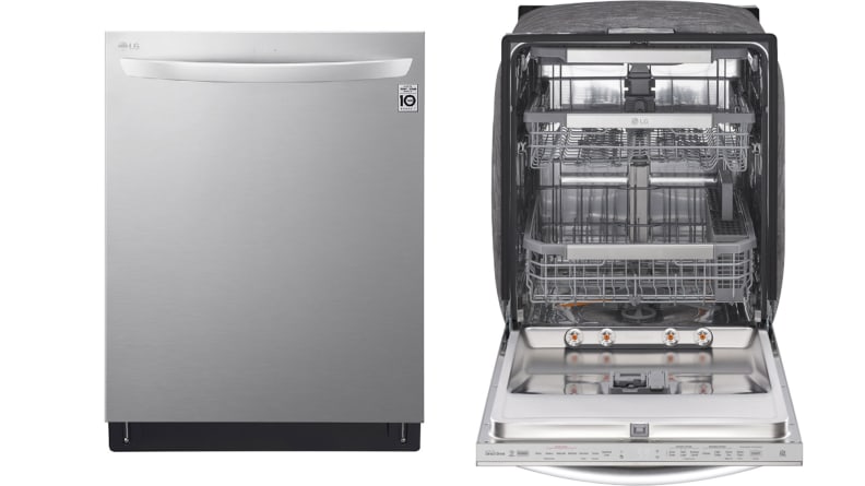 Two examples of the new LG dishwasher side by side in a white void.  The door on the left is locked.  Its door on the right is open and the unit tilts forward, giving us a view of its three racks.