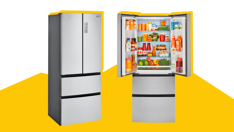 Two Haier French-door refrigerators sit on a yellow and white background