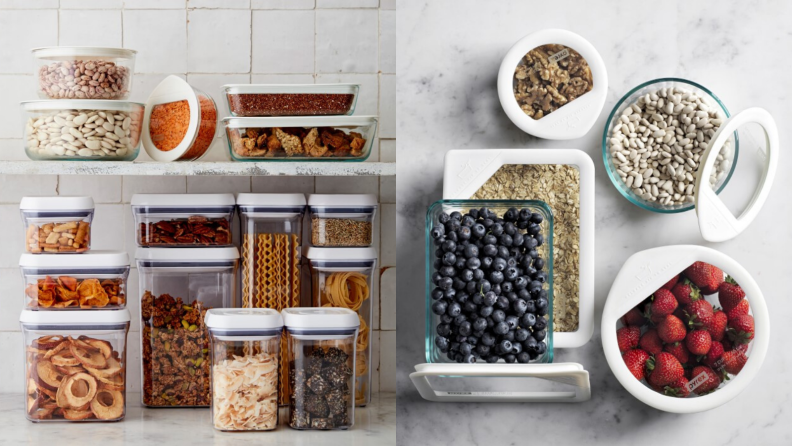 Two side-by-side photos of clear Pyrex containers filled with fruits, veggies, and grains