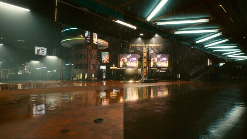 A split screen of a building in a video game with different lighting effects