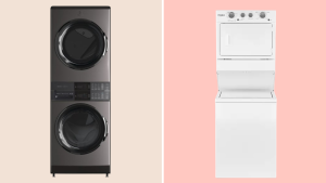 Electrolux and Whirlpool laundry centers appear on a pink background.