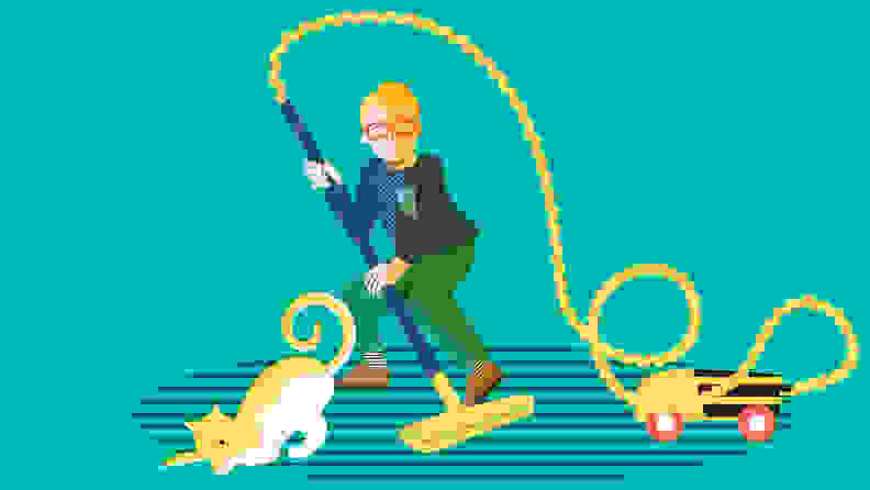 An illustration of a young boy vacuuming with a cat next to him.
