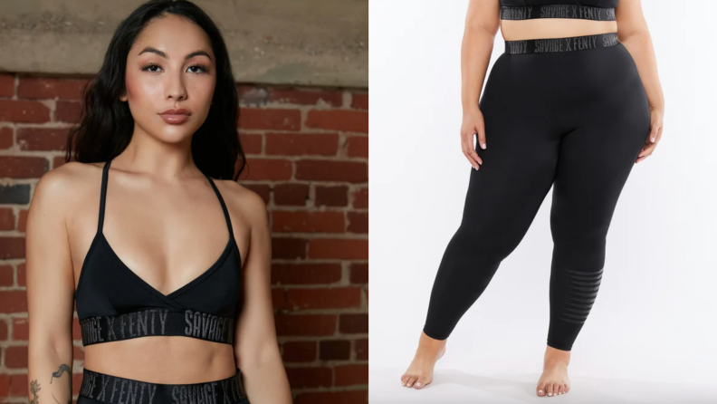 On right, model wearing black seamless bralette. On left, model wearing black spandex leggings.