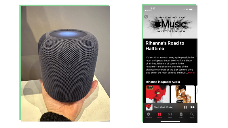 The left image displays a hand holding the Apple HomePod above a light wooden table, while the right image is a screenshot of the Apple Music app.