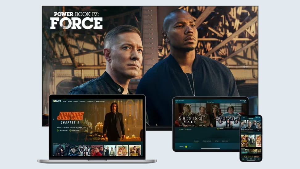 A Starz promotional image with TVs, laptops, a phone, and more.