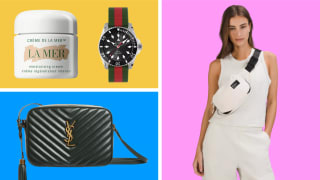 Collage of luxury gifts on a colorful background.