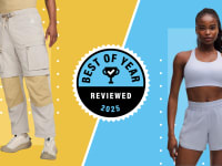 Collage overlayed with male body wearing Nike cargo pants and woman wearing light blue workout Lululemon gear.