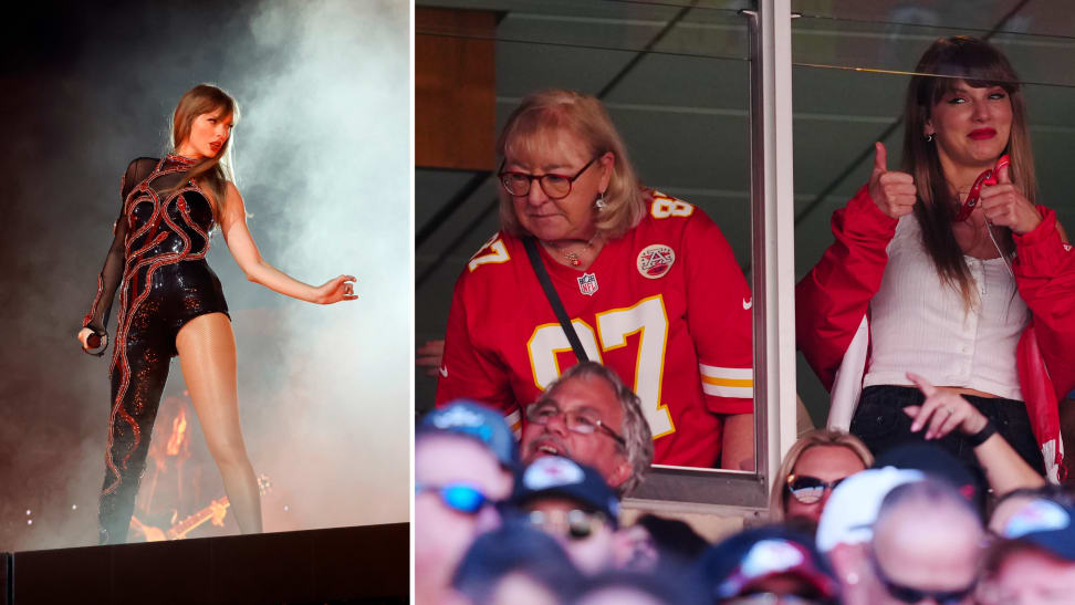 Images of Taylor Swift performing at the Eras tour, and also photographed at a Kansas City Chief's game alongside Donna Kelce.