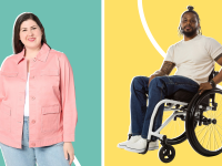 Two-panel image of a woman in a pink Denim & Co. adaptive coat and a man in a wheelchair wearing No Limbits wheelchair-fit jeans