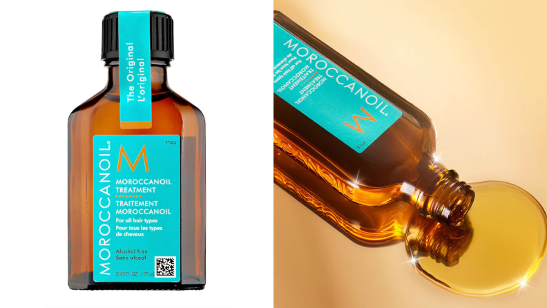 On the left: A mini bottle of the Moroccanoil Treatment. On the right: The Moroccanoil spills oil onto a gold background.
