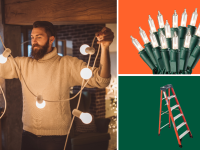 A person untangling Christmas lights on the left and on the right a set of Christmas lights and a ladder.