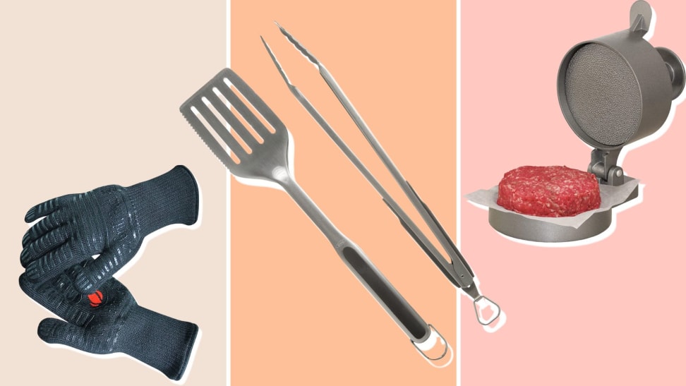 Grill gloves, spatula, tongs, and burger press on colorful background