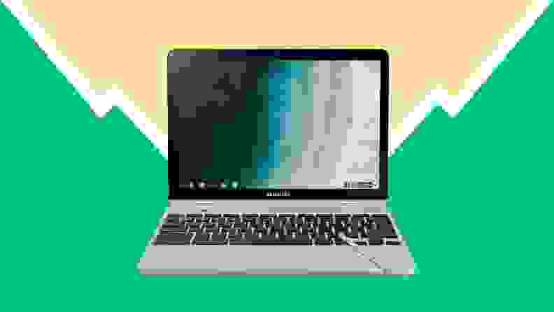 Image of laptop against green/yellow background