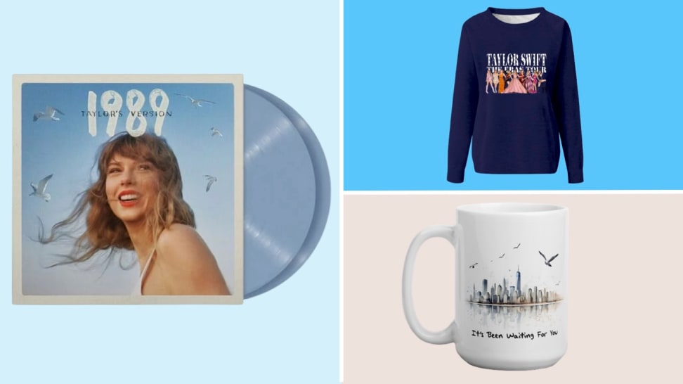 Vinyl of 1989 (Taylor's Version), Taylor Swift Eras tour shirt, and Mug of lyrics from "Welcome to New York" against blue, blue, and beige backgrounds, respectively