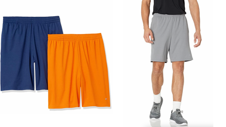来自亚马逊Essentials的蓝色和橙色跑鞋，穿着来自亚马逊的灰色短跑鞋的男子。