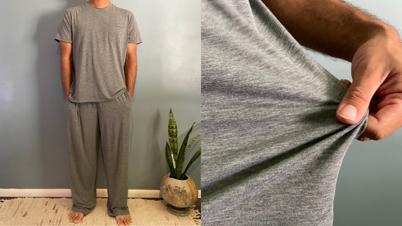 man standing in grey pajama set by Tommy John, man stretching Tommy John grey pajama pocket tee