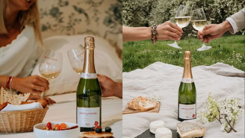 On left, people sitting on bed while enjoying glass of wine while doing a cheers. On right, people clinking glasses together while at an outdoor picnic.